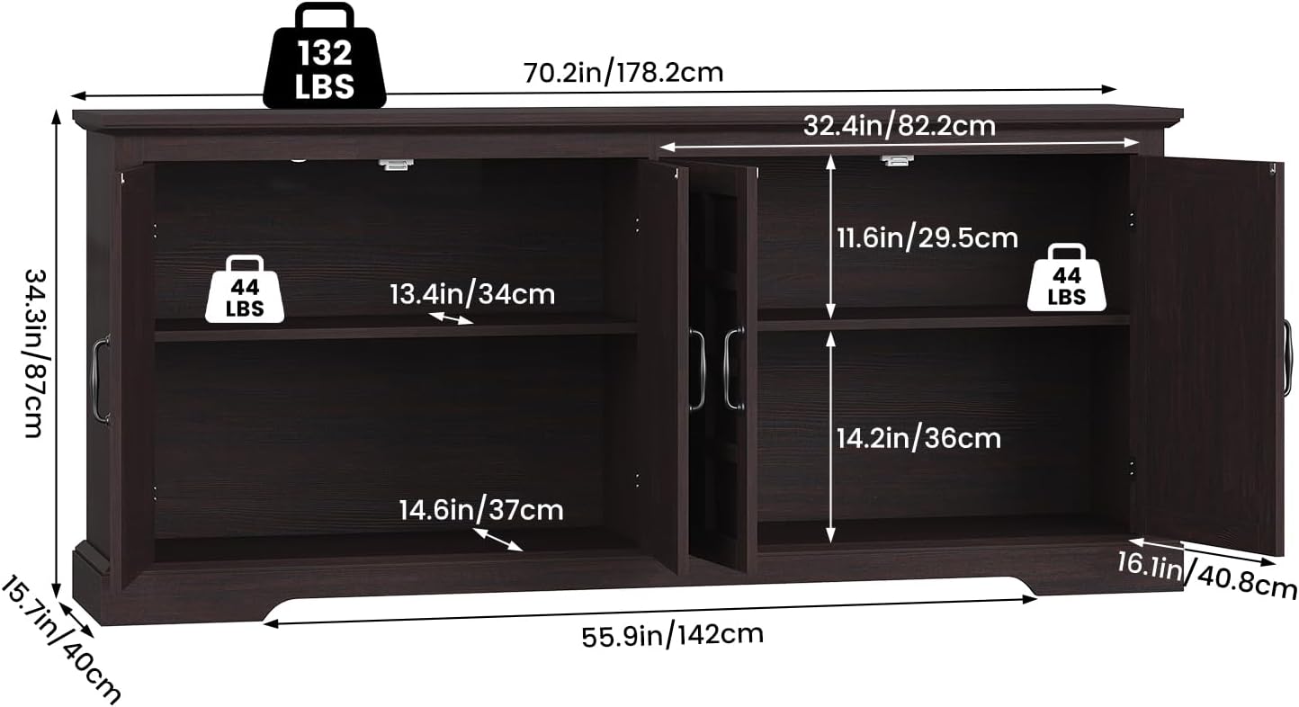 VVFLU 70" Sideboard Buffet Cabinet with Storage, Coffee Bar Cabinet with and 4 Doors, Long Wider Storage Cabinet Modern Farmhouse, Brown Wood, for Kitchen, Dining Room, Living Room