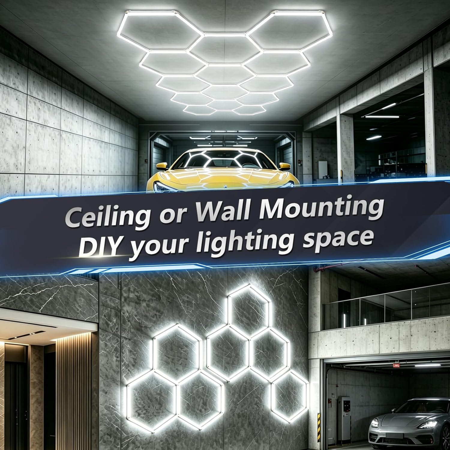 Bevenus Hexagon Garage Lights, 399W 6500K Super Bright LED Ceiling Light, Easy Install DIY Honeycomb Hex Light for Basement Workshop Warehouse Gym Car Detailing Shop (14 Grids)