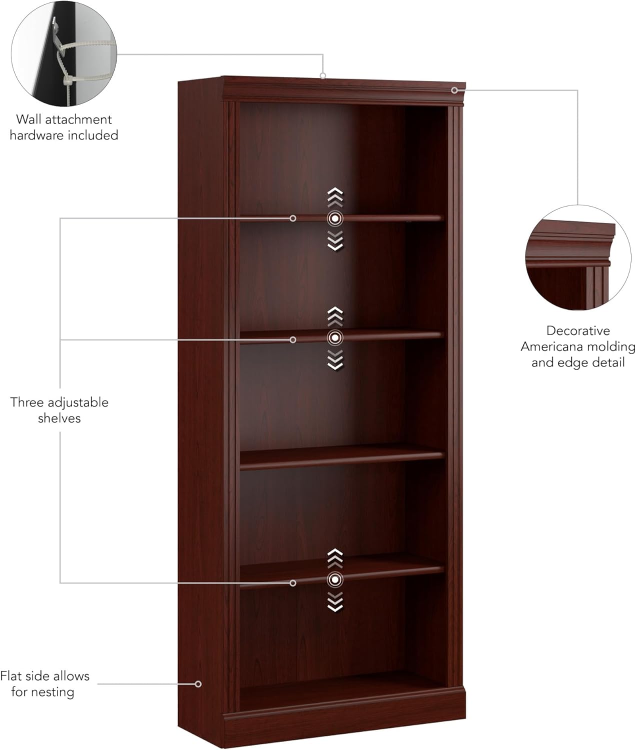 Bush Business Furniture Arlington Tall 5 Shelf Bookcase in Harvest Cherry, Large Storage and Display Bookshelf for Home or Professional Office