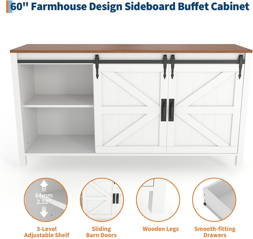 IDEALHOUSE 60" Farmhouse Sideboard Buffet with Storage Drawer & Sliding Barn Doors | Rustic Wood Coffee Bar Cabinet | Multi-Functional for Dining Room Kitchen, As TV Stand & Console Table