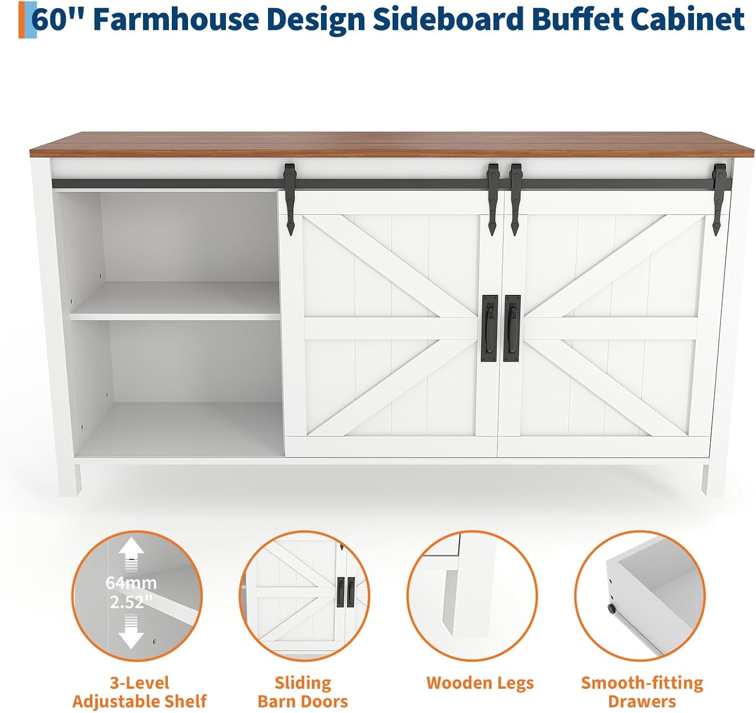 IDEALHOUSE 60" Farmhouse Sideboard Buffet with Storage Drawer & Sliding Barn Doors | Rustic Wood Coffee Bar Cabinet | Multi-Functional for Dining Room Kitchen, As TV Stand & Console Table