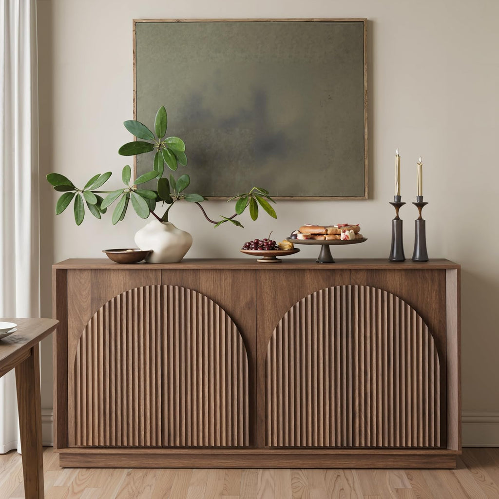 win2win Fluted Sideboard Buffet Cabinet with Storage, 65" Mid Century Modern Accent Cabinet with Double-Layered Arch Doors,Wood Media TV Console Table Credenza for Living Room Hallway Entryway,Walnut
