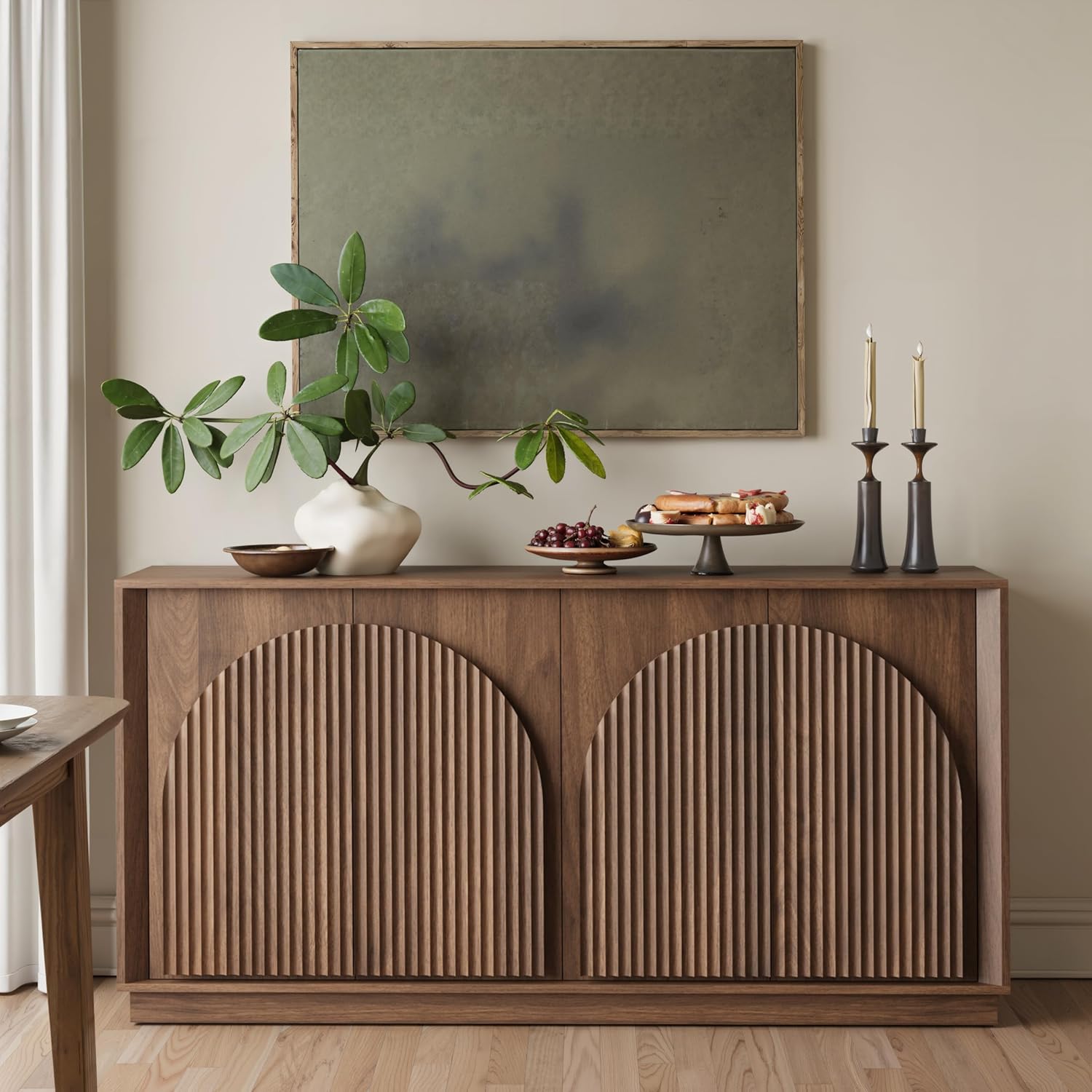 win2win Fluted Sideboard Buffet Cabinet with Storage, 65" Mid Century Modern Accent Cabinet with Double-Layered Arch Doors,Wood Media TV Console Table Credenza for Living Room Hallway Entryway,Walnut
