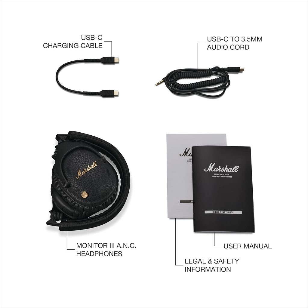 Marshall Monitor III A.N.C. Over-Ear Bluetooth Headphones - Active Noise Cancelling with Microphone | 100+ Hrs Wireless Playtime | Lightweight, Foldable Design for Travel - Black