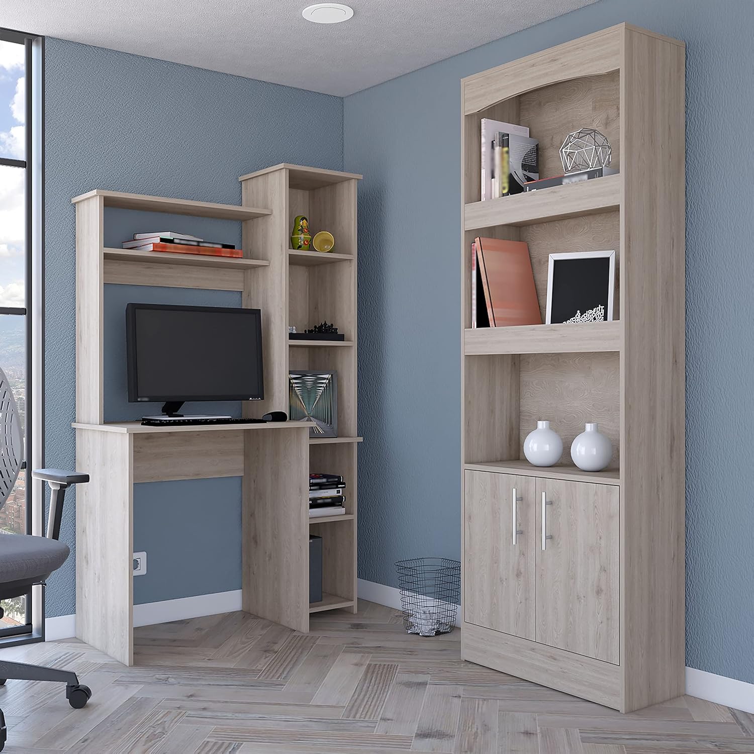 GOWE 2 Piece Office Set, Dozza Bookcase + Aramis Desk, Light Gray