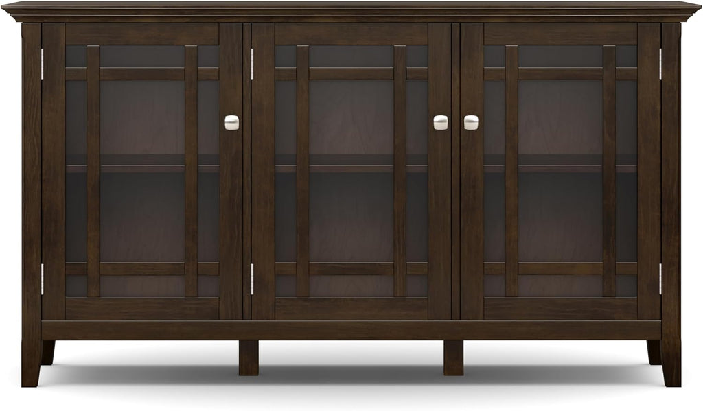 SIMPLIHOME Bedford Storage Cabinet - 62 inch Wide Solid Wood Sideboard Cabinet in Dark Tobacco Brown, Transitional Buffet for Living Room, Dining Room, or Entryway with Glass Doors and Shelves