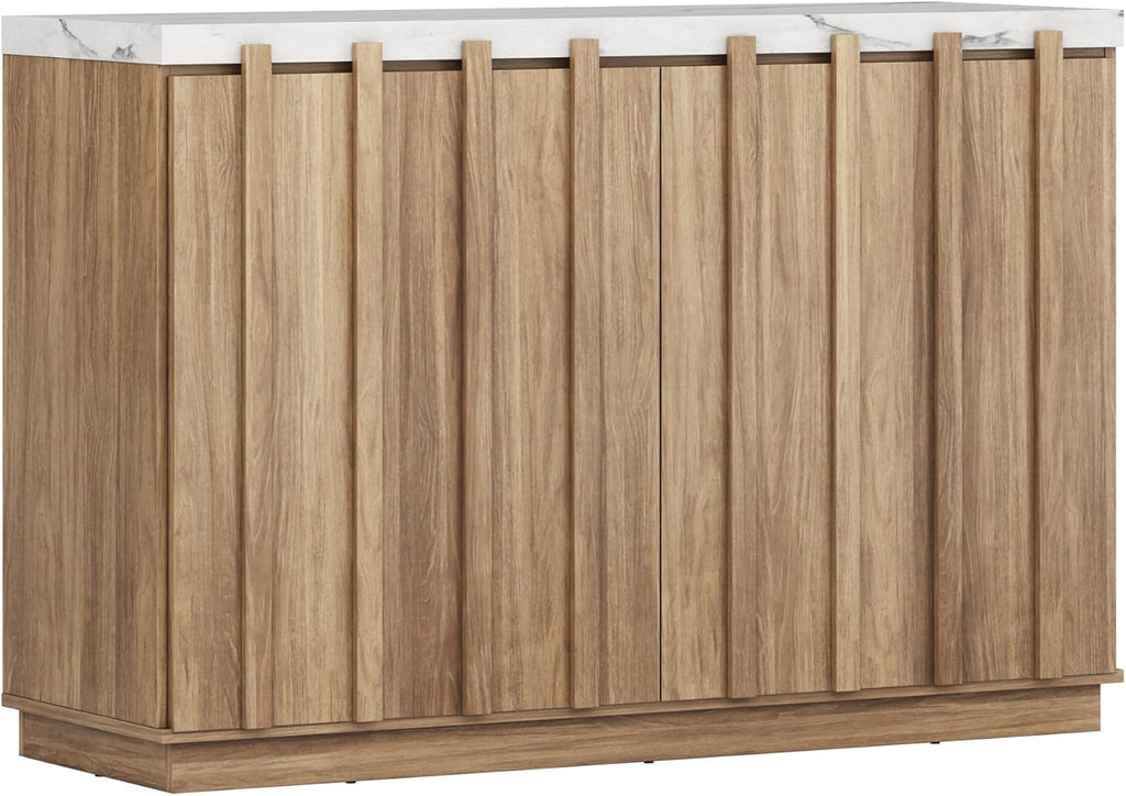 BELLEZE 47" Fluted Sideboard Buffet Cabinet, Modern Credenza with Faux Marble Top, Wood Coffee Bar Accent Storage Cabinet with Adjustable Shelves for Kitchen, Dining Room, Living Room, Camel