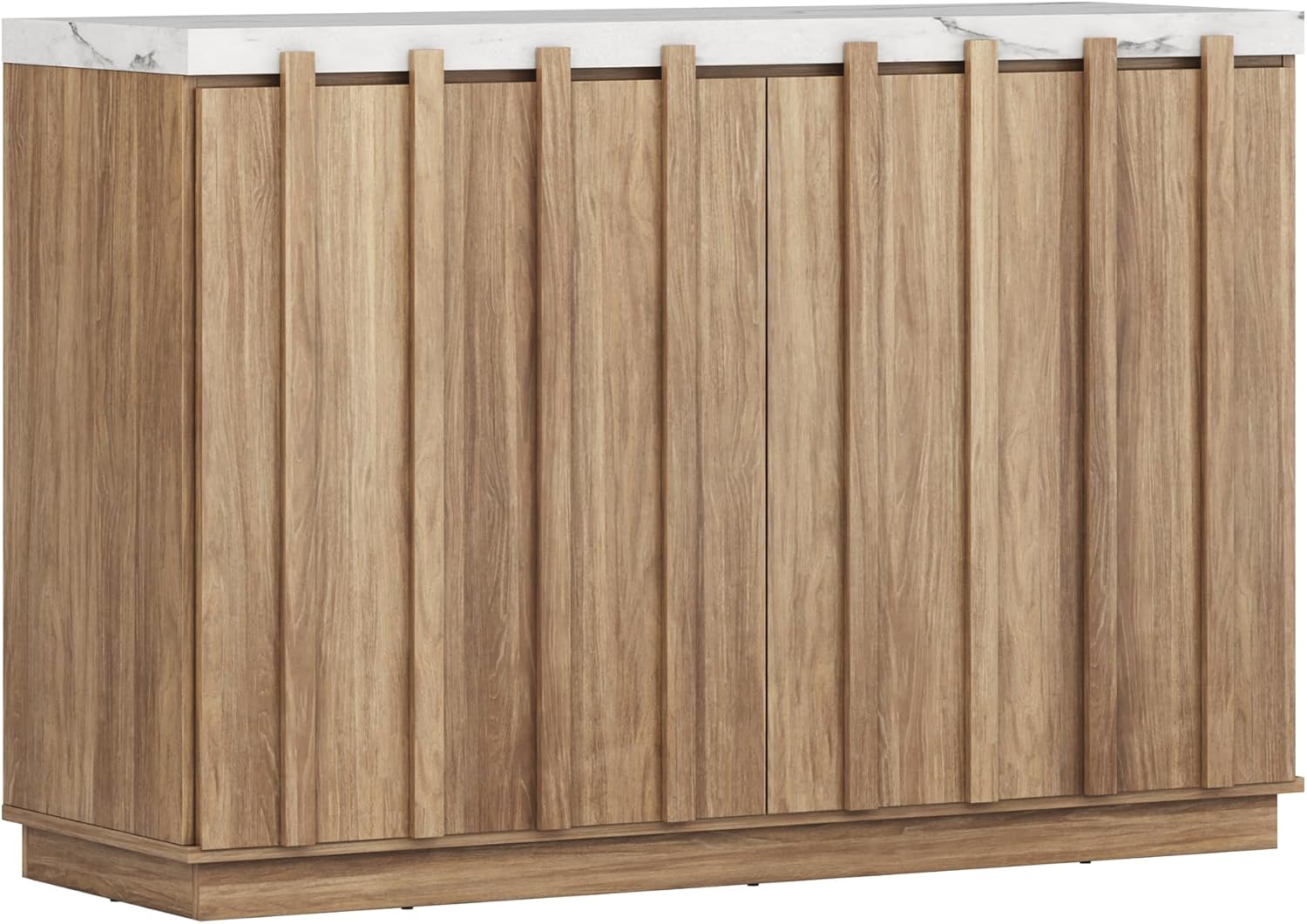 BELLEZE 47" Fluted Sideboard Buffet Cabinet, Modern Credenza with Faux Marble Top, Wood Coffee Bar Accent Storage Cabinet with Adjustable Shelves for Kitchen, Dining Room, Living Room, Camel