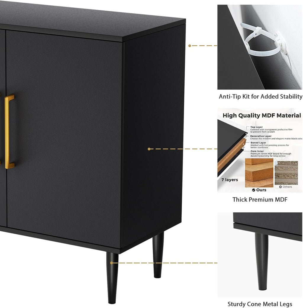 Vrullu Modern Storage Cabinet, Free Standing Buffet Cabinet, Black Sideboard and Buffet Storage, Wood Accent Furniture for Living Room, Hallway, Entryway, Dining Room (1, Black)