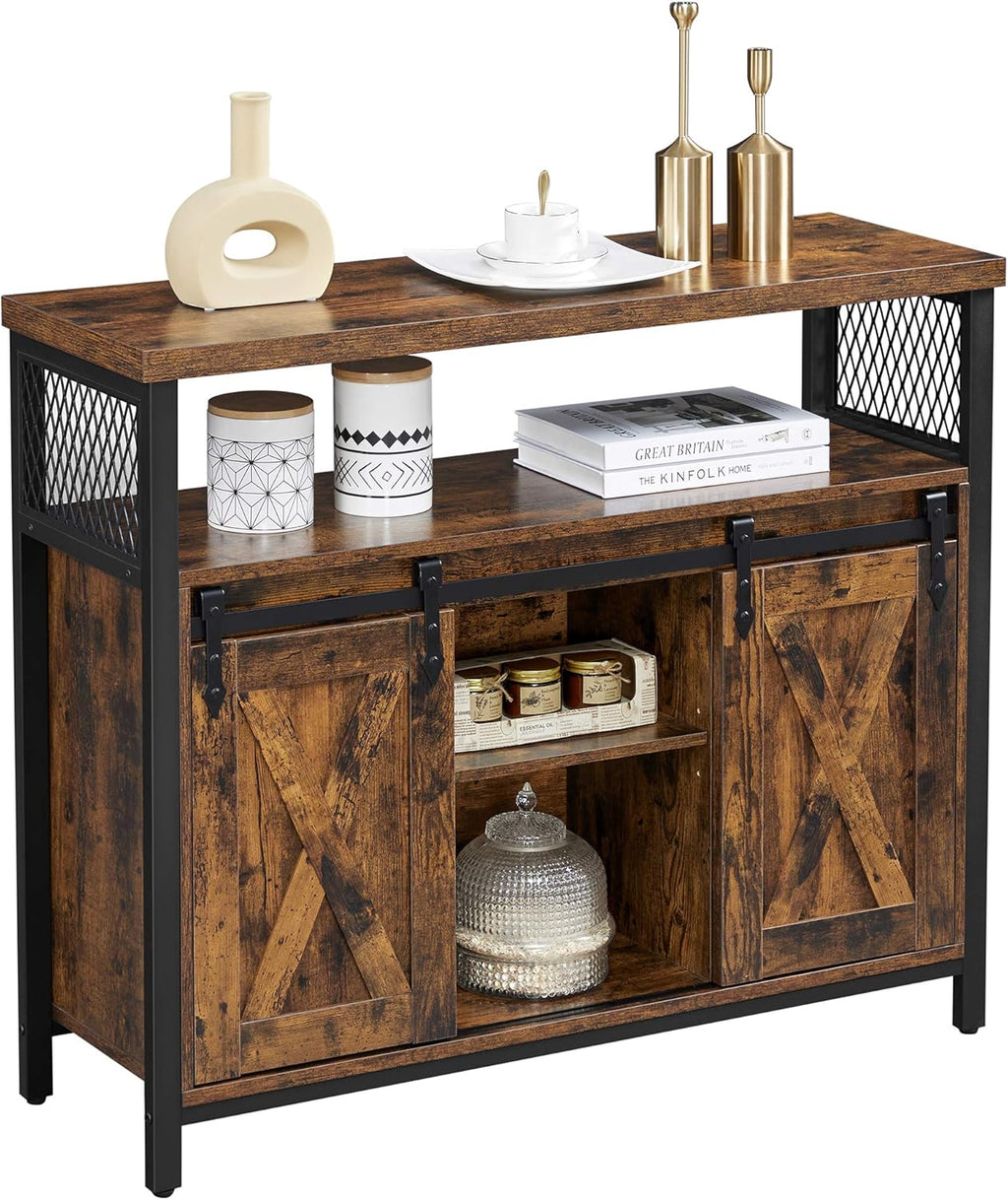 VASAGLE Buffet Cabinet, Coffee Bar Storage Cabinet, Sideboard with 2 Sliding Barn Doors, Adjustable Shelves, 13 x 39.4 x 31.5 Inches, for Living Room, Rustic Brown and Ink Black ULSC092B01