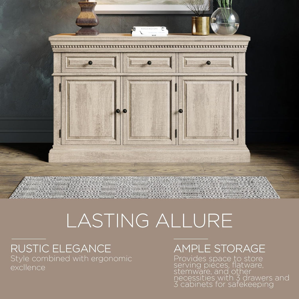 Maven Lane Theo Traditional Large Wooden Sideboard, Accent Buffet Server Table with Doors for Kitchen or Living Room in Antiqued White Finish