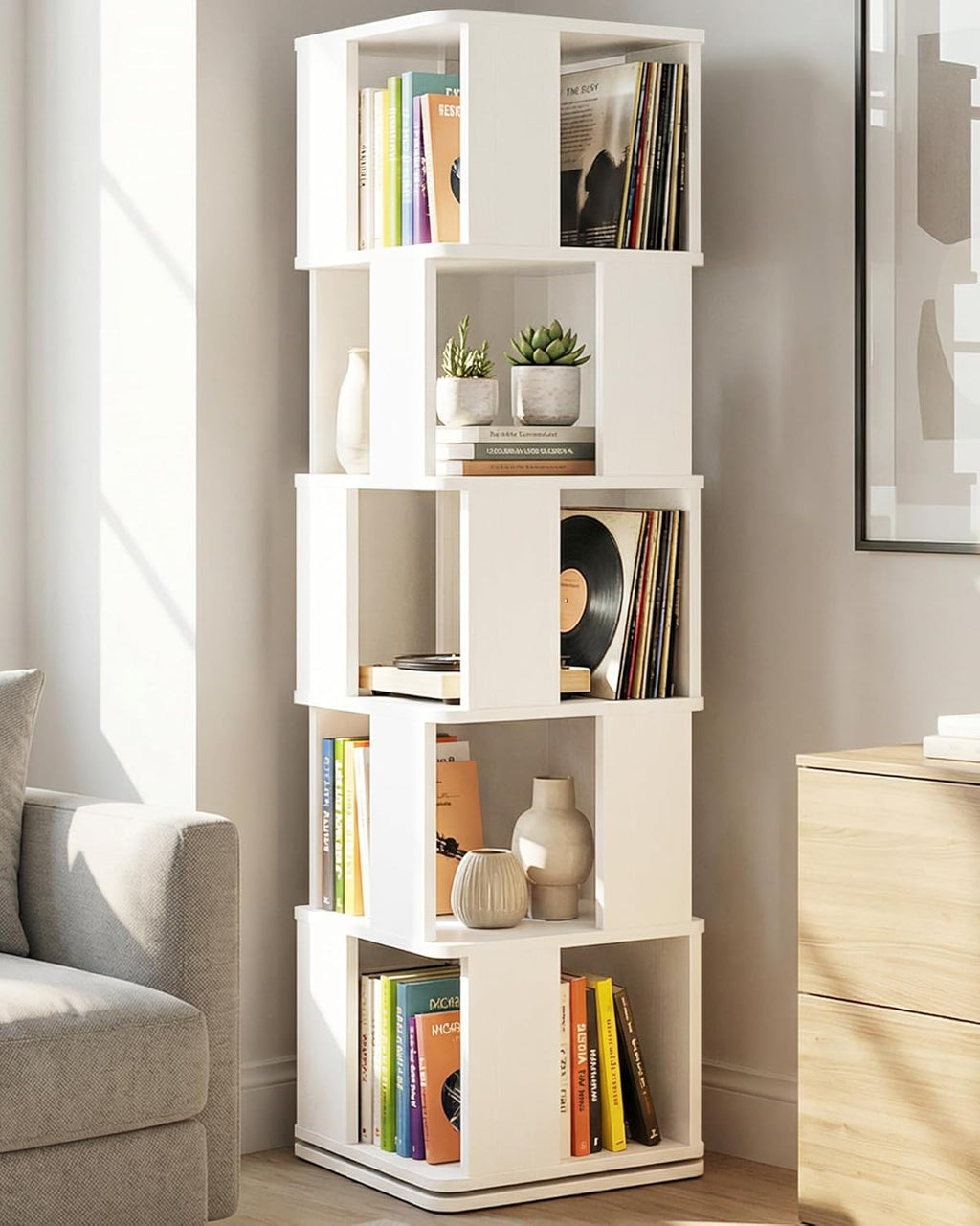 5-Tier Rotating Bookshelf Tower, 360° Spinning Modern Book Storage Bookcase, Stable Display Corner Book Shelf for Kids Room, Living Room, Bedroom, Home Office, White
