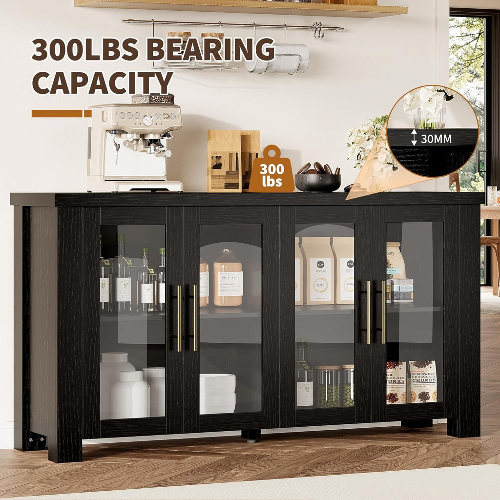IDEALHOUSE Modern 59" Buffet Cabinet with Tempered Glass Panel Doors, Multifunctional Wood Sideboard Credenza for Home Living, Kitchen & Dining Spaces