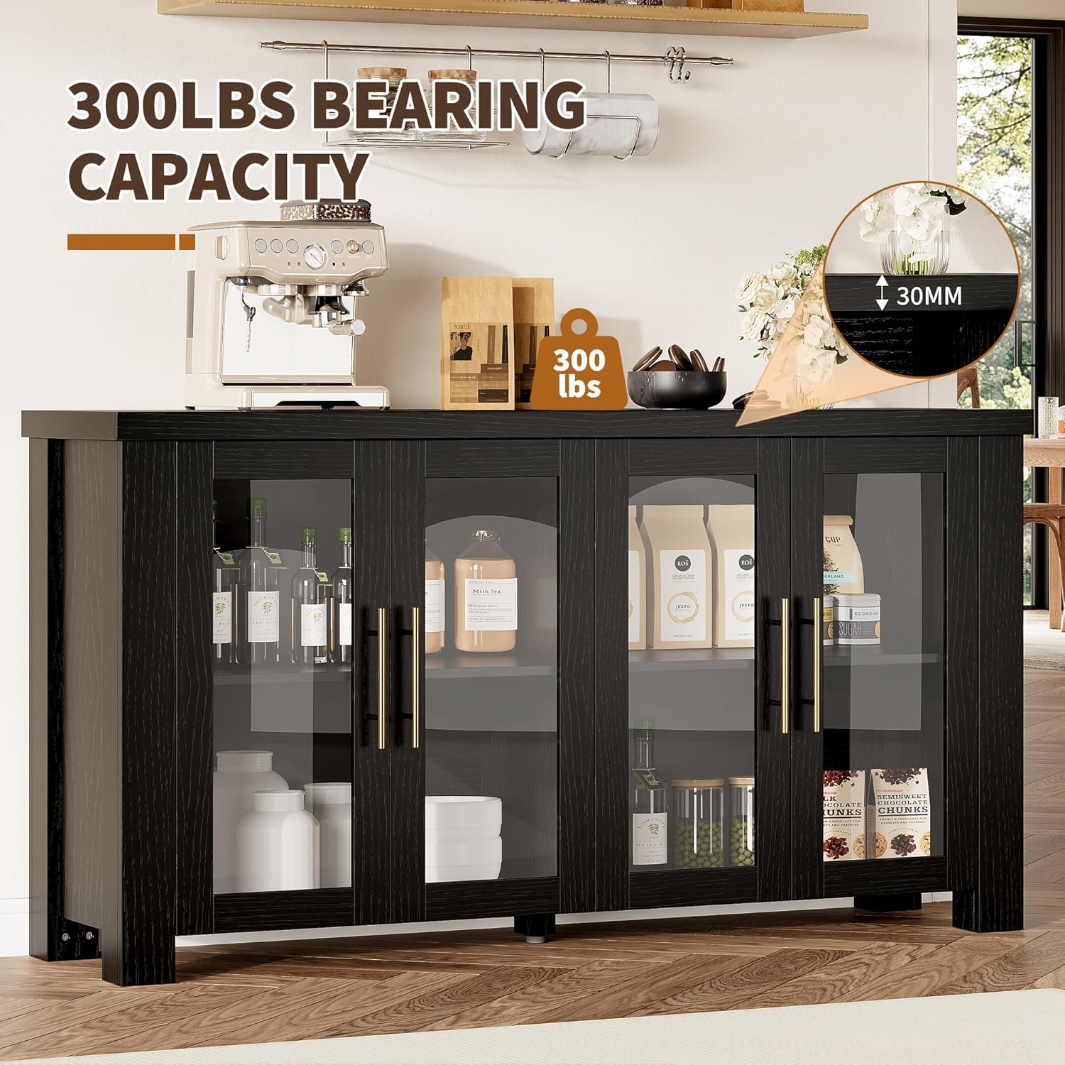 IDEALHOUSE Modern 59" Buffet Cabinet with Tempered Glass Panel Doors, Multifunctional Wood Sideboard Credenza for Home Living, Kitchen & Dining Spaces