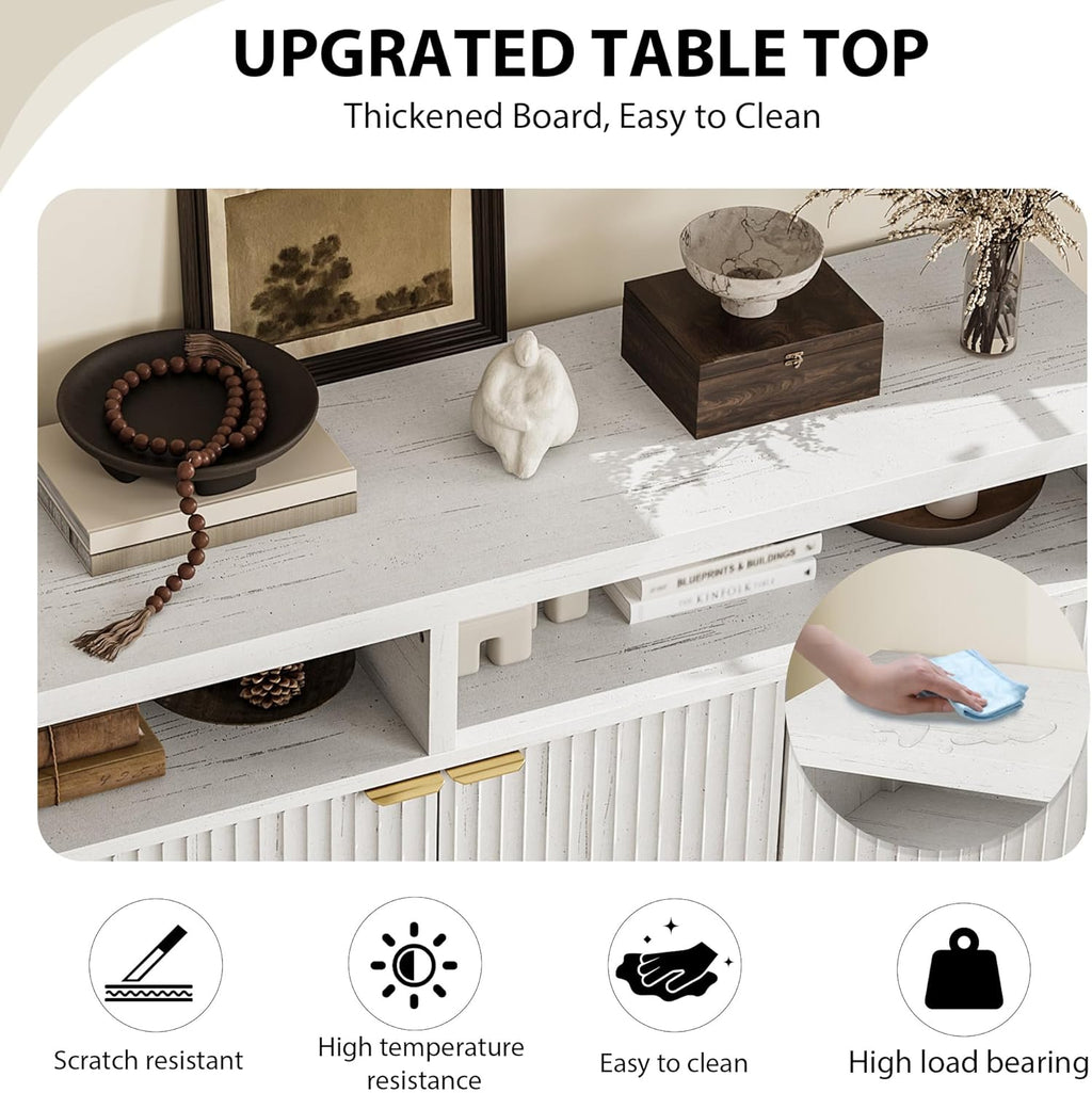GarveeLife 65 Inch Fluted Sideboard Buffet Cabinet with Storage, Modern Wood Sideboard Cabinet with 4 Doors, Buffets & Sideboards for Kitchen,Dining Room,Living Room,Hallway,White