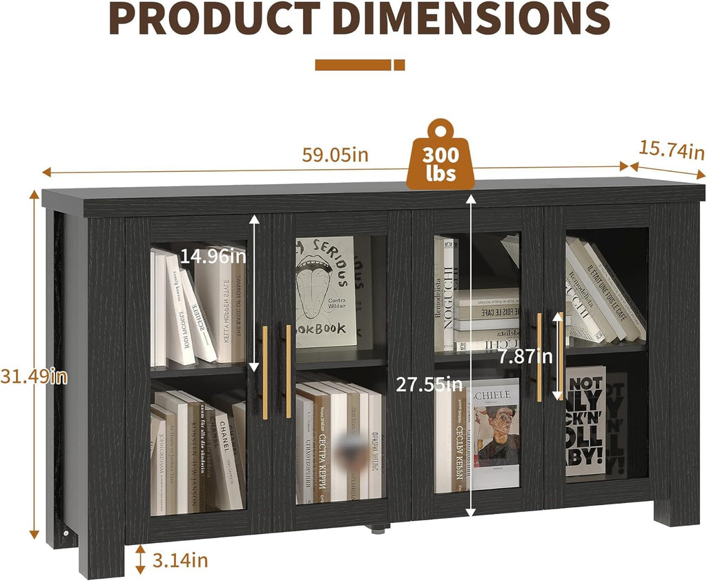IDEALHOUSE Modern 59" Buffet Cabinet with Tempered Glass Panel Doors, Multifunctional Wood Sideboard Credenza for Home Living, Kitchen & Dining Spaces