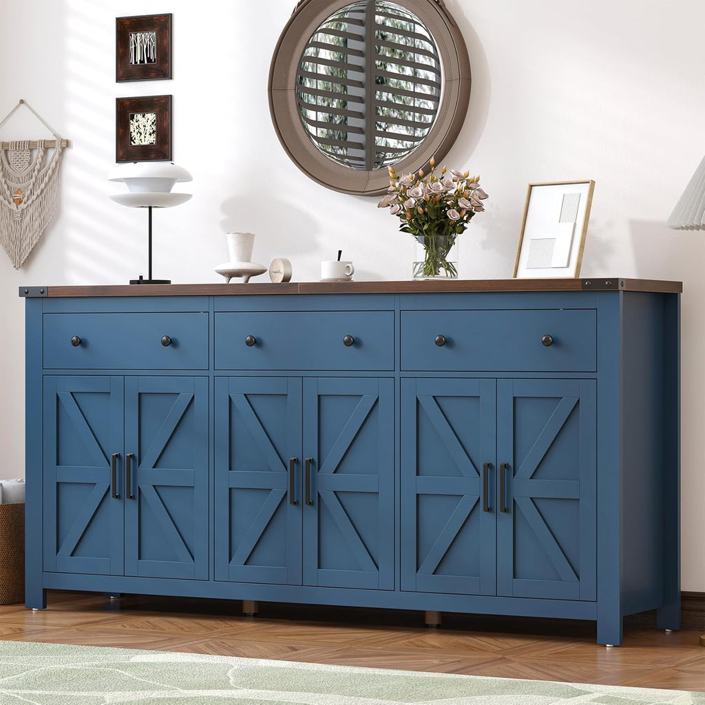 VVFLU 71" Large Sideboard Buffet Cabinet with Storage, Modern Farmhouse Coffee Bar with 3 Drawers and 6 Barn Doors, Dining Room Storage Cabinet, for Kitchen, Living Room, White Wood, Blue Wood
