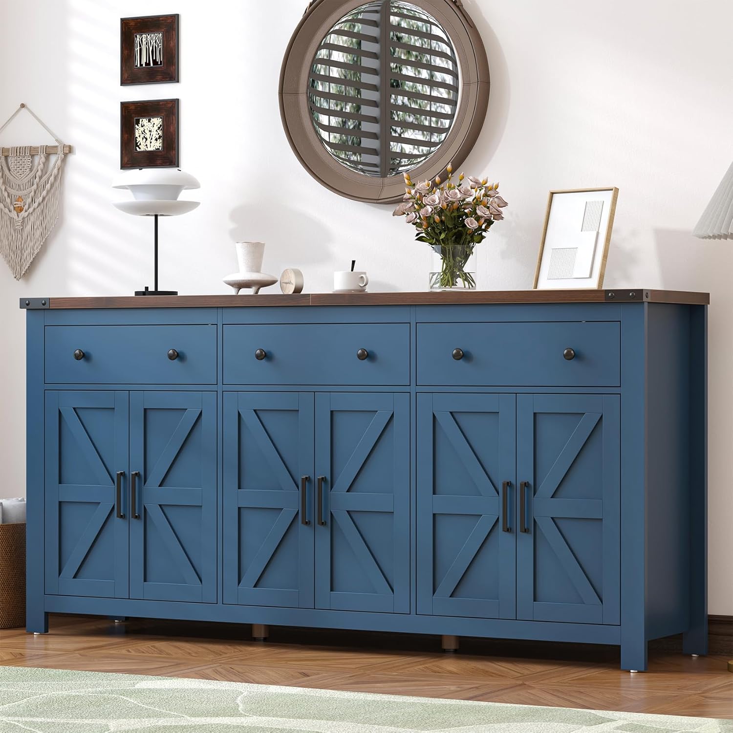 VVFLU 71" Large Sideboard Buffet Cabinet with Storage, Modern Farmhouse Coffee Bar with 3 Drawers and 6 Barn Doors, Dining Room Storage Cabinet, for Kitchen, Living Room, White Wood, Blue Wood