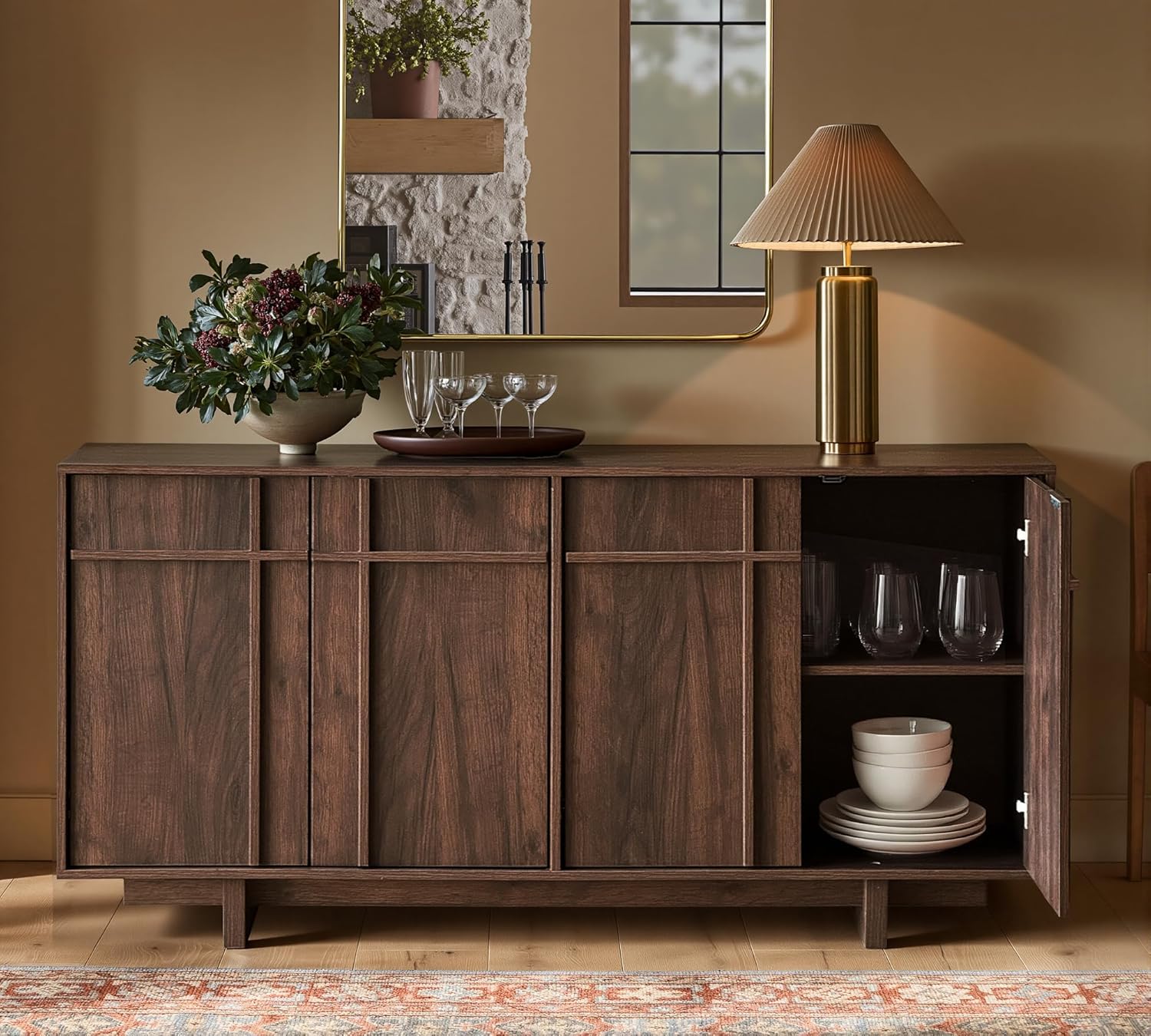 Sideboard Buffet Cabinet with Storage, Mid Century Modern Accent Cabinet with Skeleton Line & Wood Grain Texture,Minimalist Geometric Credenza for Living Room, Kitchen and Entryway, Cherry