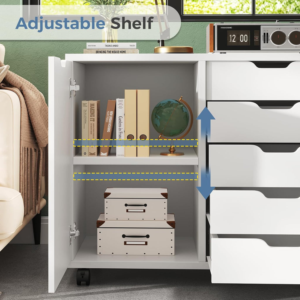 DUMOS 5 Drawer File Cabinet Office Drawers Organizer with Wheels Roliing, Under Desk Cabinets with Shelves and Door Printer Stand with Wood Board Metal Frame for Home Office Storage Craft Room, White