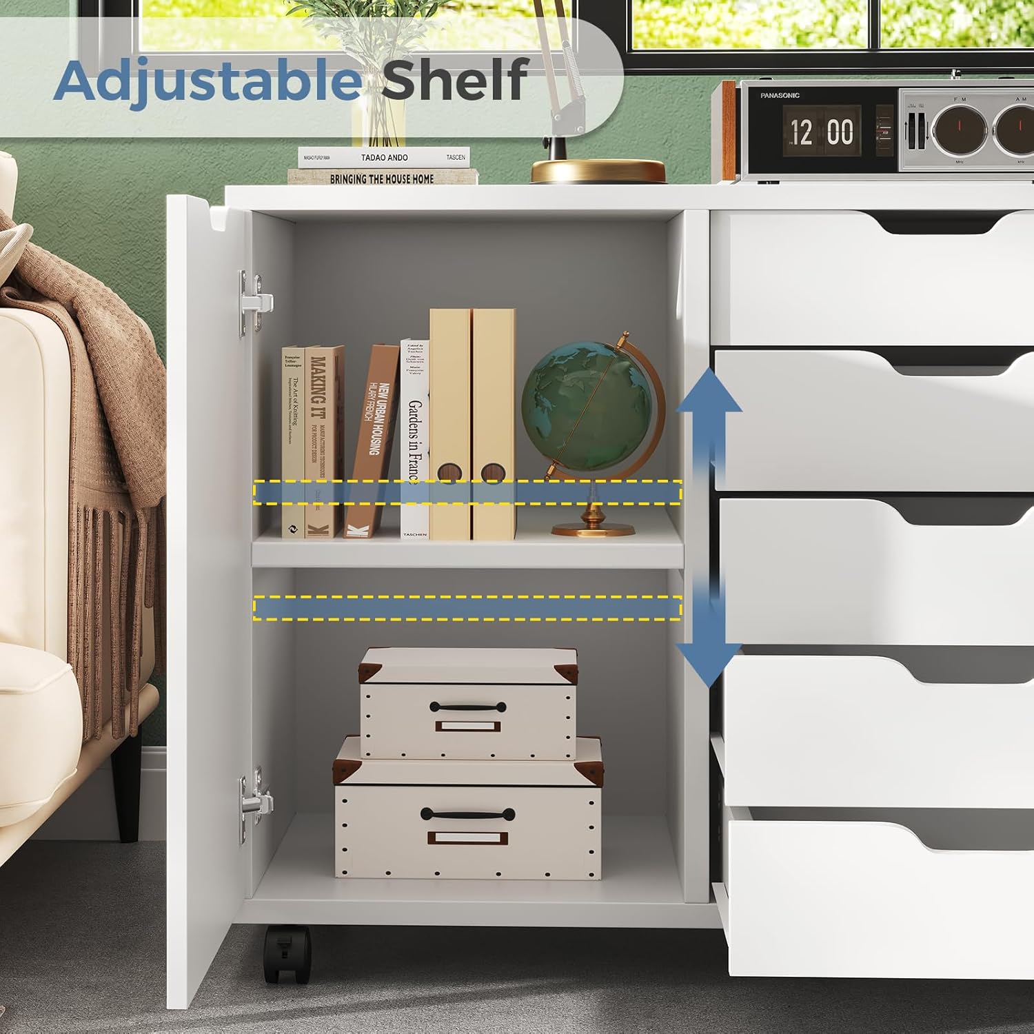 DUMOS 5 Drawer File Cabinet Office Drawers Organizer with Wheels Roliing, Under Desk Cabinets with Shelves and Door Printer Stand with Wood Board Metal Frame for Home Office Storage Craft Room, White