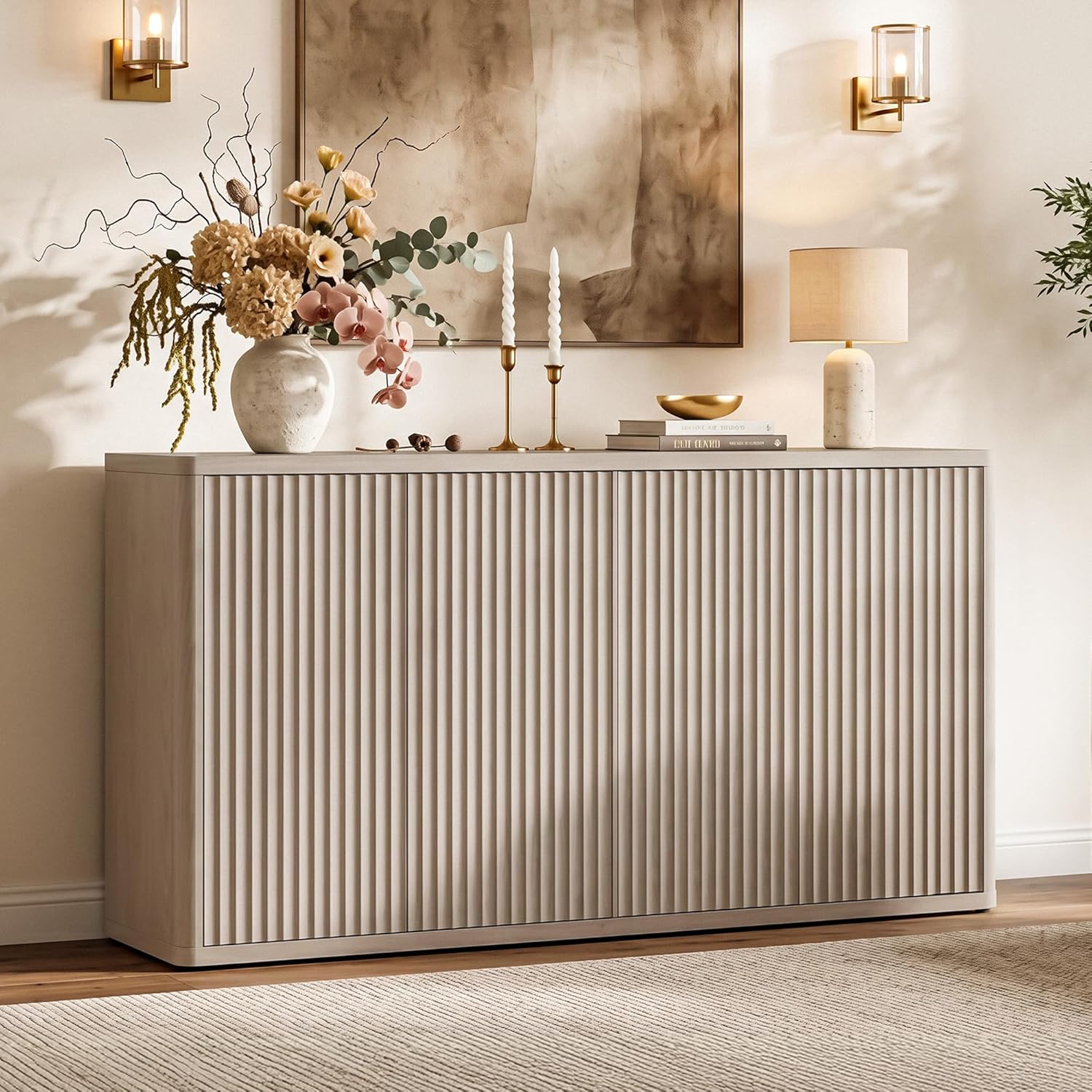 SICOTAS Buffet Cabinet with Storage Accent Sideboard with 4 Doors 66.3" Wide Fluted Credenza Modern Buffet Table Media Console Cabinet Entryway Cabinets for Living Room Kitchen Dining Room Hallway