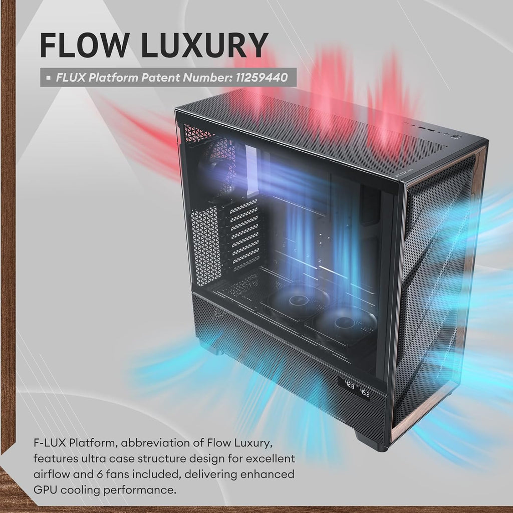 Antec Flux Pro, 6 x PWM Fans Included, High-Airflow Front Panel with Walnut Wood, iShift PSU 90° Mount, USB3.0 x 2, Type-C, 420mm Radiator Support, Temp. Display, Full-Tower E-ATX PC Case