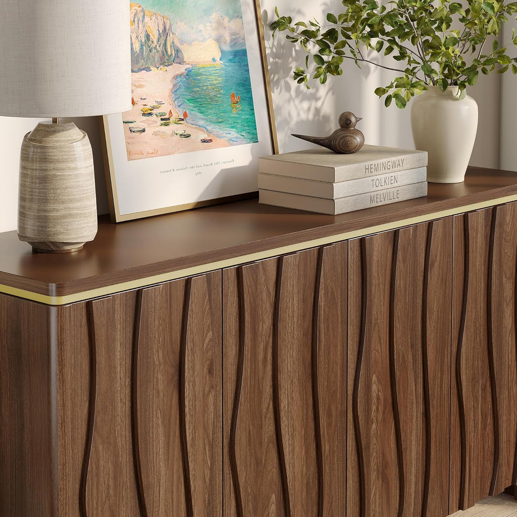 Vabches Fluted Buffet Cabinet with Storage, 3D Ripple Pattern Doors and Curved Edges, Modern Sideboard for Kitchen, Entryway, 4 Doors & Adjustable Shelf, Walnut, 57.9" W