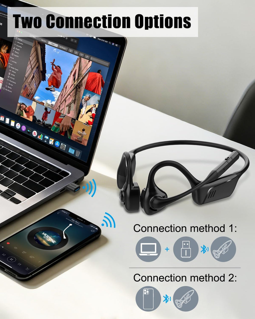 Open Ear Headphones with Mic, Bluetooth 5.1 Headset, USB A&C Dongle, Lightweight Design, ENC Noise Canceling, Mute Button, AptX-LL Wireless Headset for Online Teaching/Meeting/Call Center/Gaming