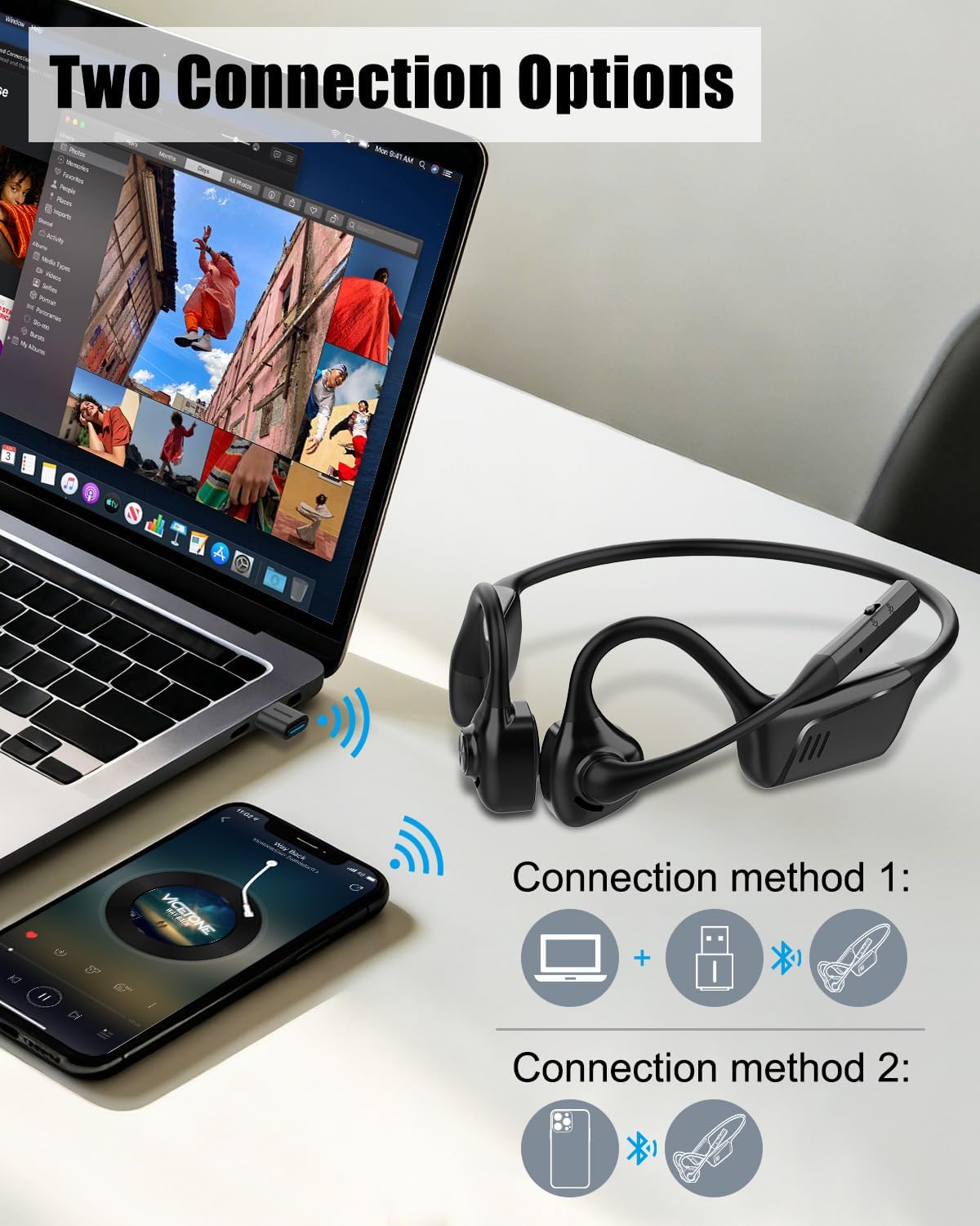 Open Ear Headphones with Mic, Bluetooth 5.1 Headset, USB A&C Dongle, Lightweight Design, ENC Noise Canceling, Mute Button, AptX-LL Wireless Headset for Online Teaching/Meeting/Call Center/Gaming