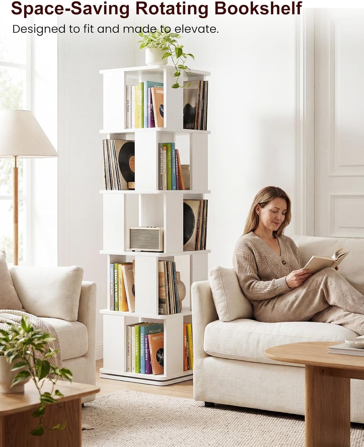 5-Tier Rotating Bookshelf Tower, 360° Spinning Modern Book Storage Bookcase, Stable Display Corner Book Shelf for Kids Room, Living Room, Bedroom, Home Office, White