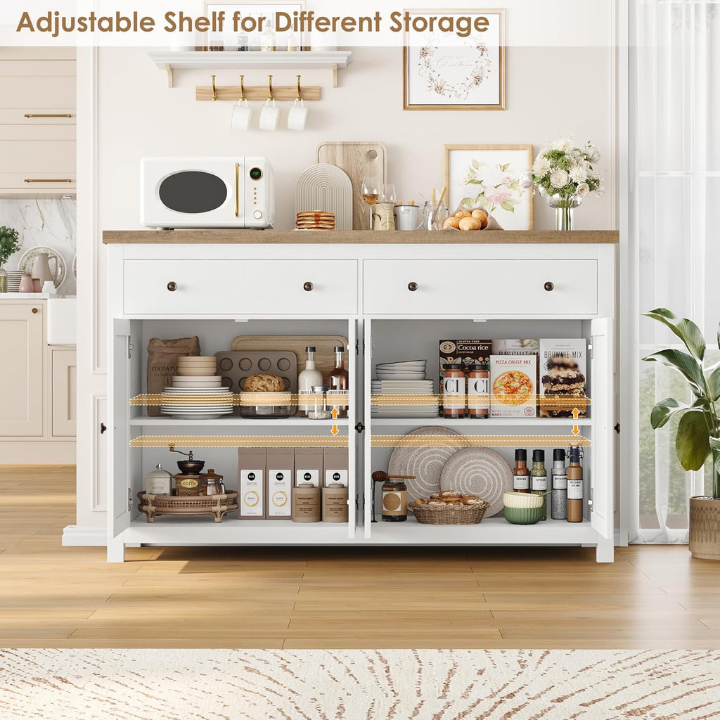 FOTOSOK Sideboard Buffet Cabinet with Storage, 55" Large Kitchen Storage Cabinet with 2 Drawers and 4 Doors, Wood Coffee Bar Buffet Table Console Table for Kitchen Dining Room, White