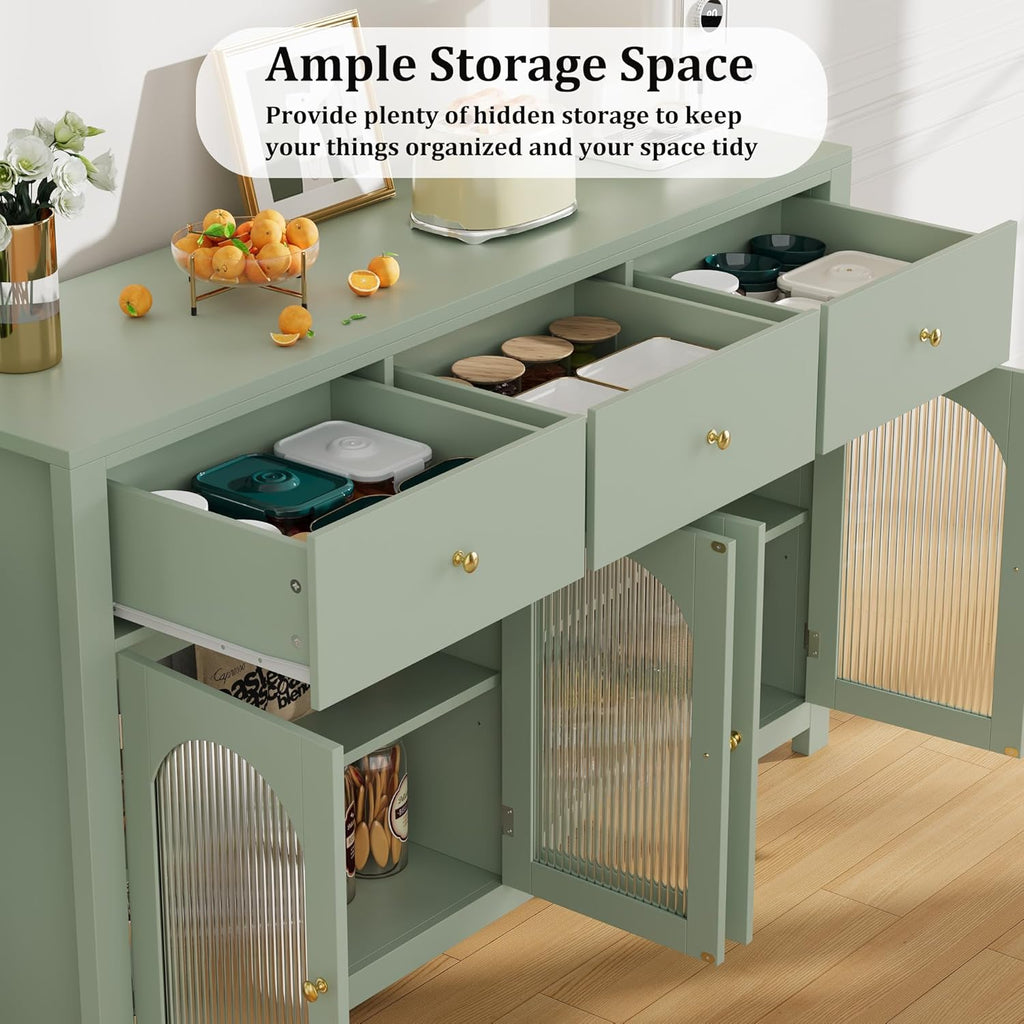 FINETONES Buffet Cabinet with Storage, 55.1" Large Sideboard Buffet, Farmhouse Kitchen Cabinet with 3 Drawers and 4 Doors, Wood Coffee Bar Table for Kitchen, Green