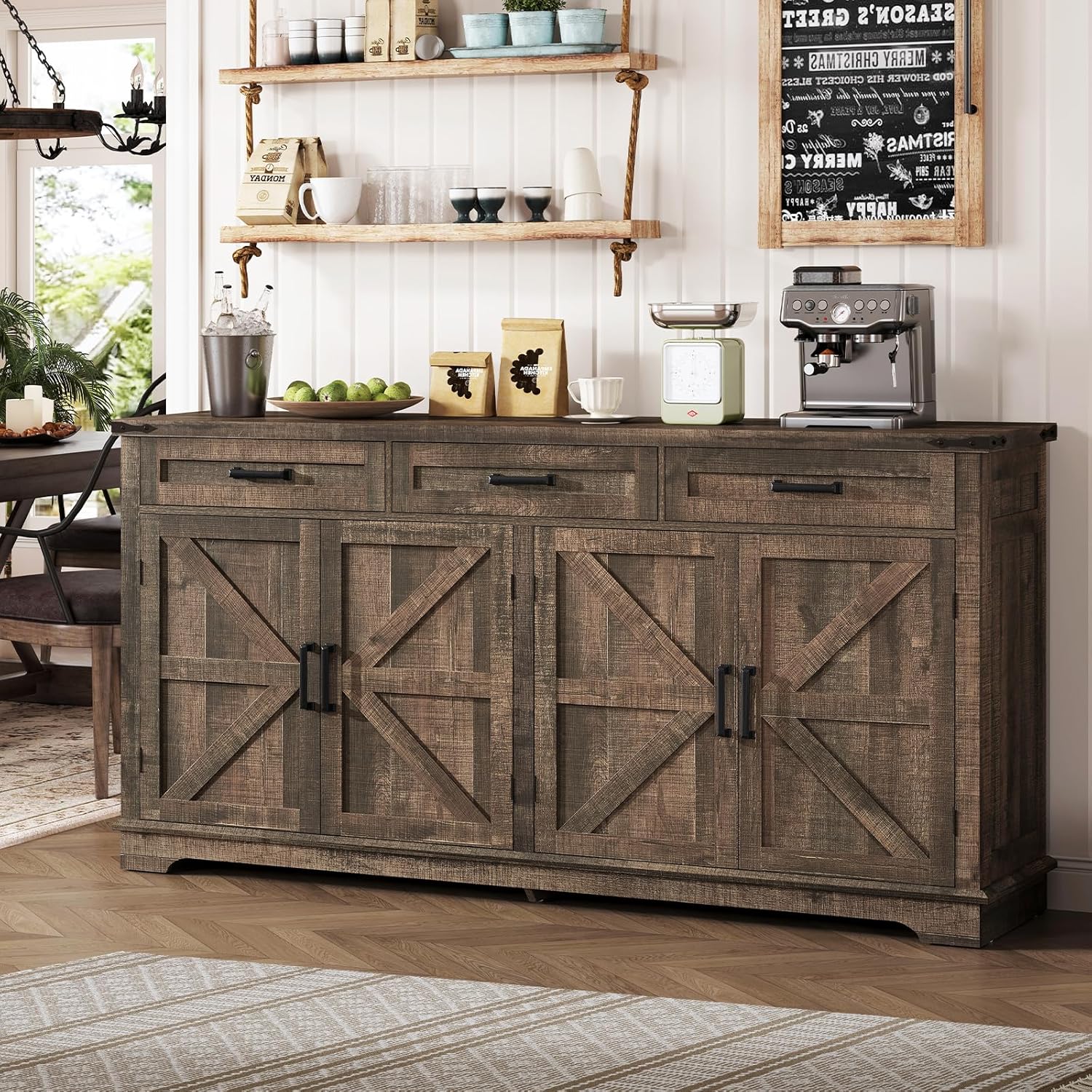 usikey Buffet Cabinet, 61” Large Sideboard Buffet Storage Cabinet with 3 Drawers, Farmhouse Coffee Bar with 4 Doors, Buffet Table for Kitchen, Living Room, Antique Oak