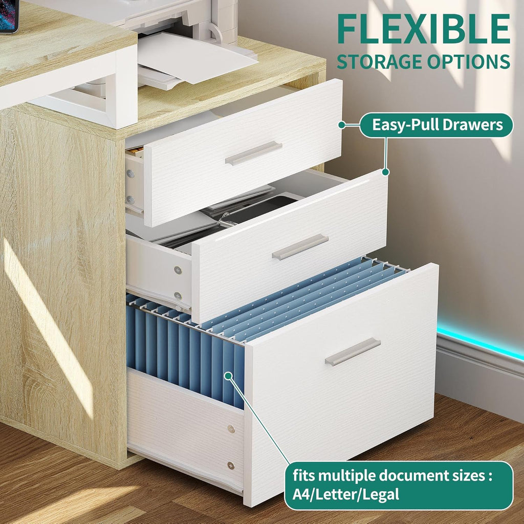 YITAHOME L Shaped Desk with 3 Drawers, 65" Corner Computer Desk with Power Outlets & LED Lights, L-Shaped Desk with File Cabinet & Printer Stand for Home Office, White & Oak