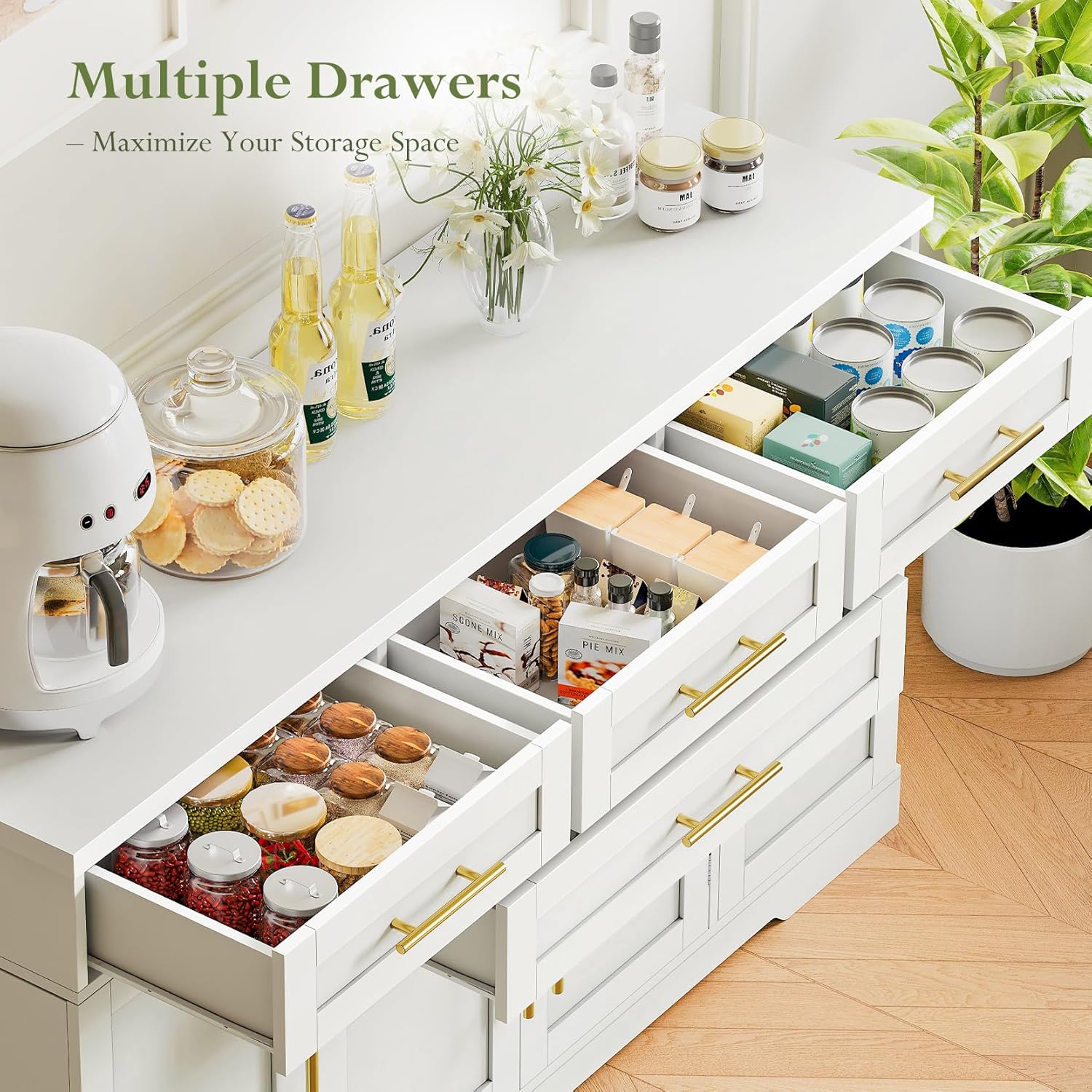Concho 54" Buffet Cabinet with Storage, Kitchen Sideboards Small Coffee Bar Cabinet with 4 Drawers, Modern Kitchen Storage Cabinet for Living Room, White