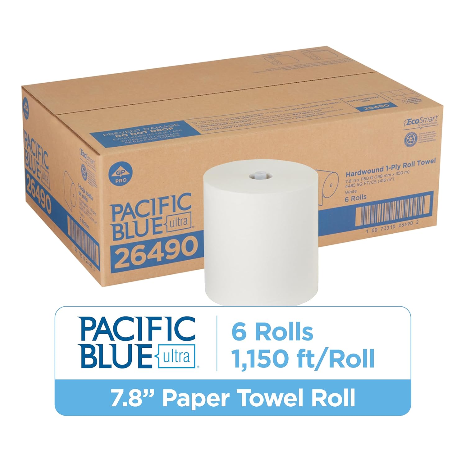 Pacific Blue Ultra 8” High-Capacity Recycled Paper Towel Roll by GP PRO (Georgia-Pacific), White, 26490, 1150 Feet Per Roll, 6 Rolls Per Case