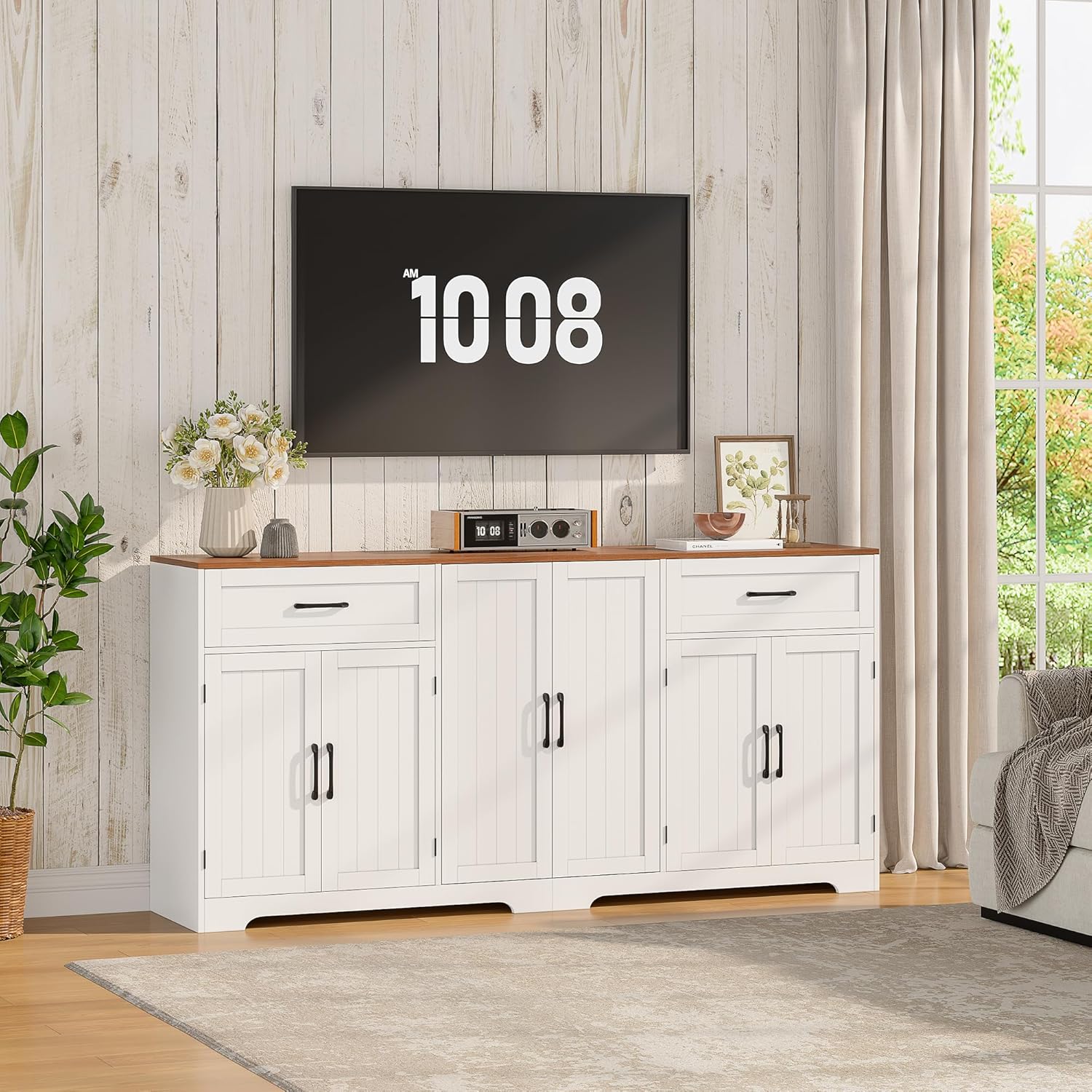 Whalefall 71" Farmhouse Sideboard Buffet Cabinet with Storage, Large Kittchen Credenza with 2 Drawers & 6 Doors, Modern Wooden Coffee Bar Cabinet for Kitchen Dining Room, White