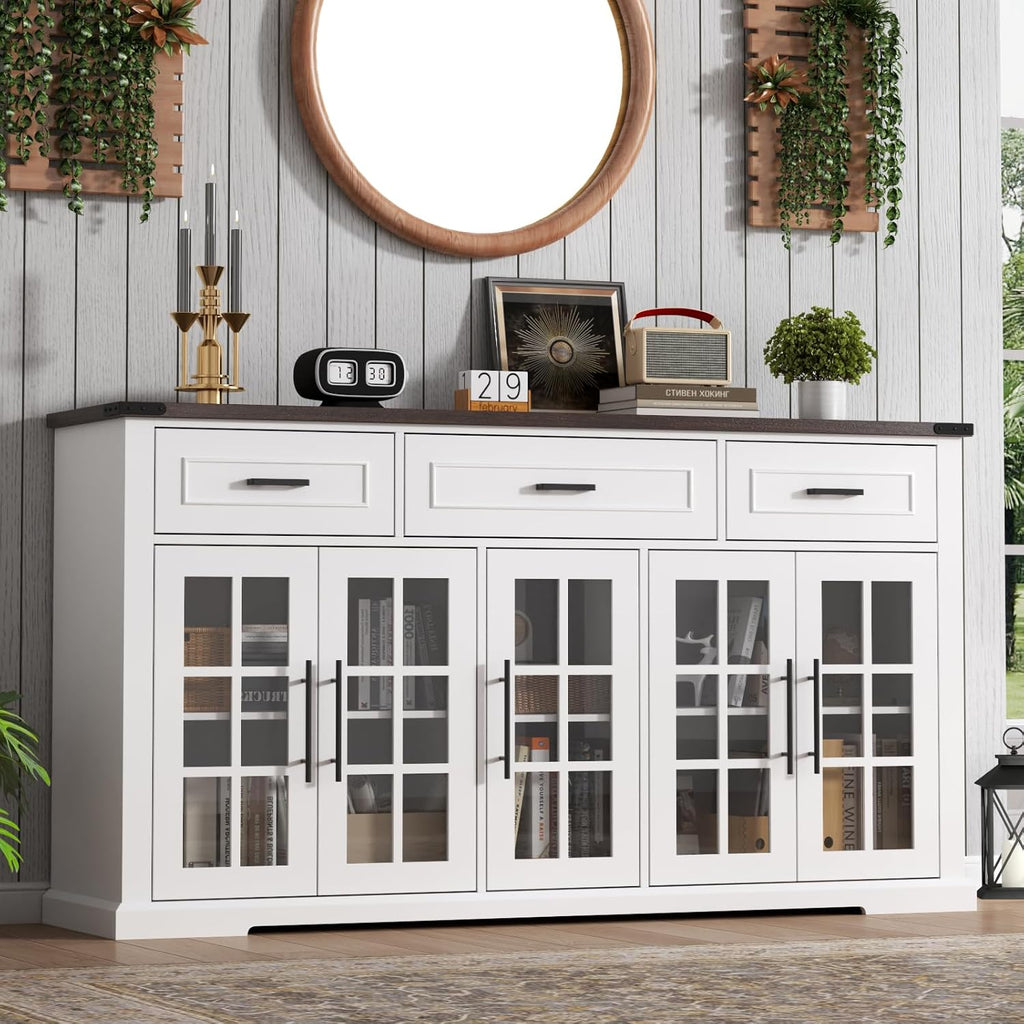 Gyfimoie 63" Sideboard Buffet Cabinet with Glass Doors, Farmhouse Large Buffet Table with 3 Storage Drawers, Modern Coffee Bar Wine Bar Cabinet with Adjustable Shelves for Kitchen, Dining Room, White