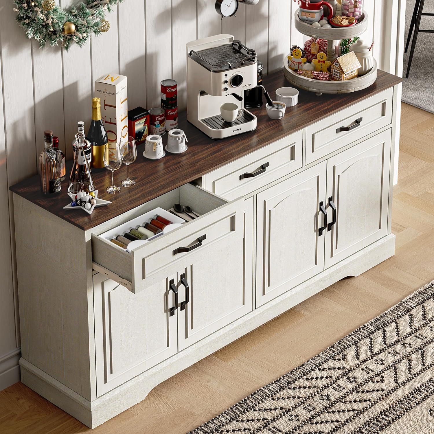 66" Large Sideboard Buffet Cabinet with Storage, Farmhouse Buffet Table Coffee Bar Wine Bar Kitchen Storage Cabinet with Drawers for Dining Room, Living Room, White & Walnut