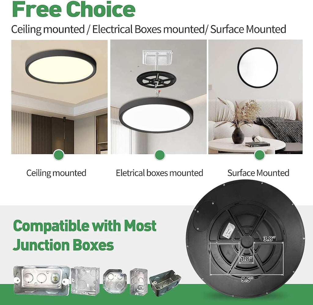 16 Inch LED Flush Mount Ceiling Light White, 32W, 3480LM, 3000K/4000K/6000K CCT Selectable, Round Flat Panel Light Low Profile Ceiling Light Fitures for Hallway, Kitchen, Bedroom, 6PK,Black
