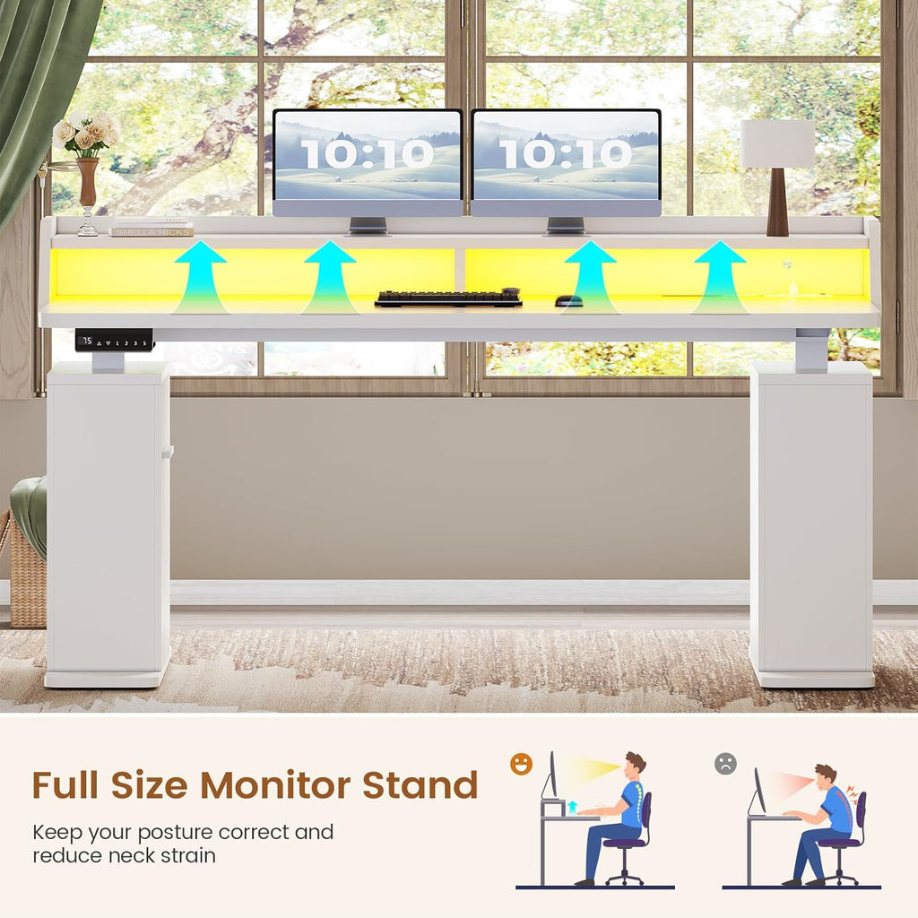 SEDETA Standing Desk with Storage, 55" Fluted Stand Up Desk with Power Outlets & LED Lights, Height Adjustable Table with Monitor Shelf for Home Office, Gaming, White