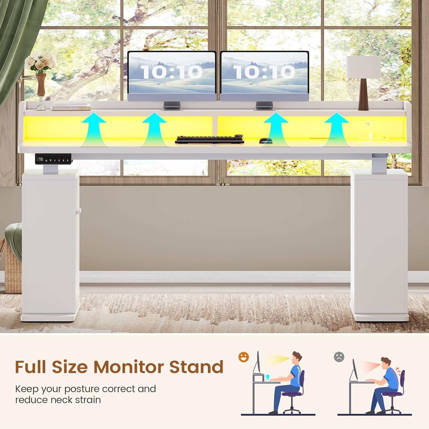 SEDETA Standing Desk with Storage, 55" Fluted Stand Up Desk with Power Outlets & LED Lights, Height Adjustable Table with Monitor Shelf for Home Office, Gaming, White