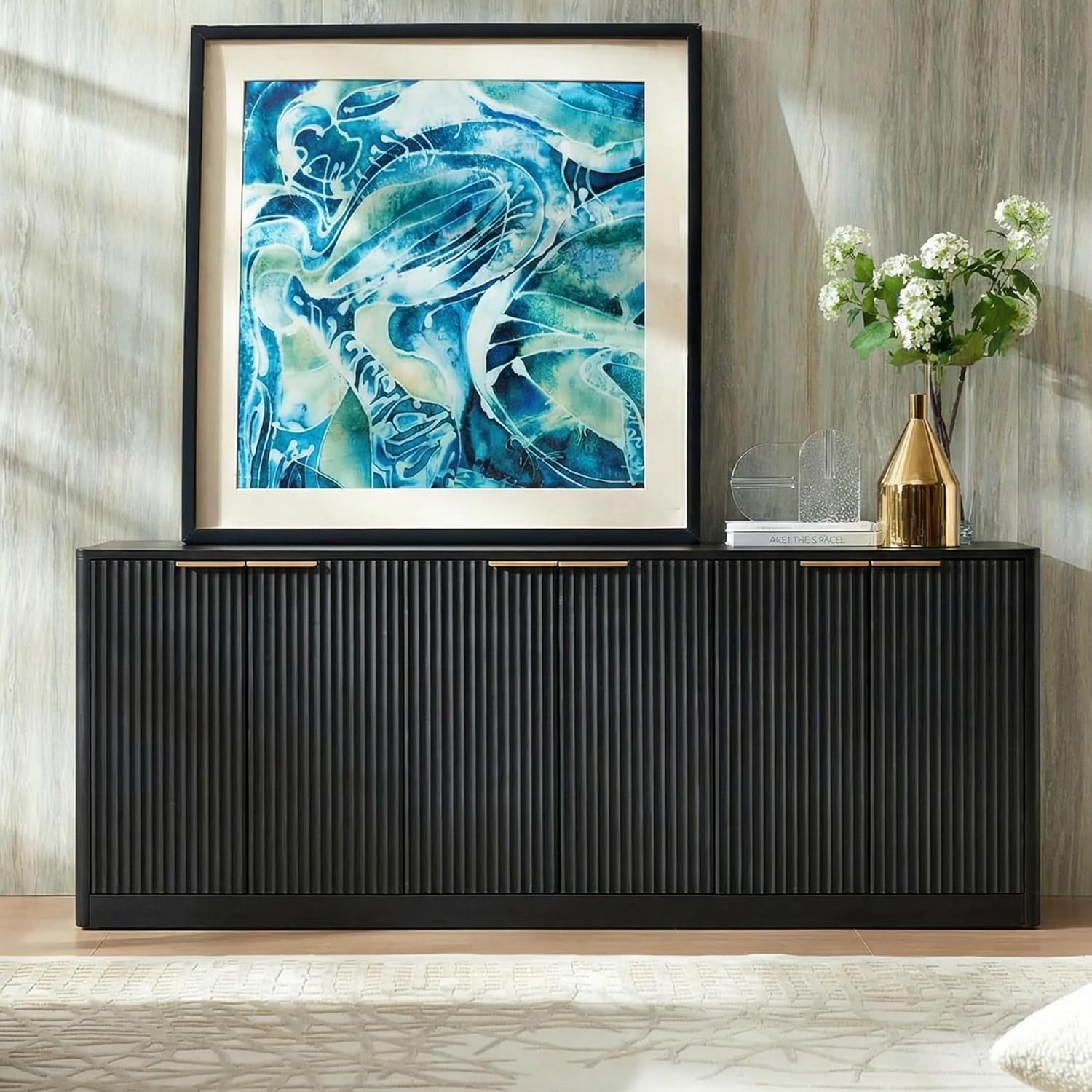 67" Fluted Buffet Cabinet Sideboard with Storage, Large Credenza with 6 Doors, Wood Mid Century Modern Sideboard for Kitchen and Living Room .Black