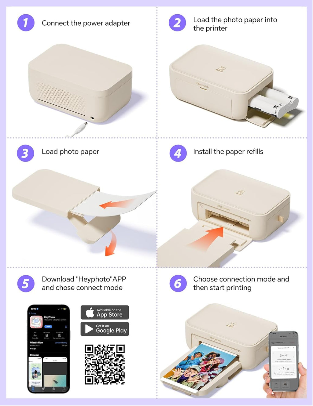 iDPRT 4x6 Photo Printer, CP4100 Instant Photo Printer for iPhone & Android with 108 Sheets & 2 Cartridges, Wireless Portable Picture Printer, 300DPi Thermal Dye Sublimation, Beige