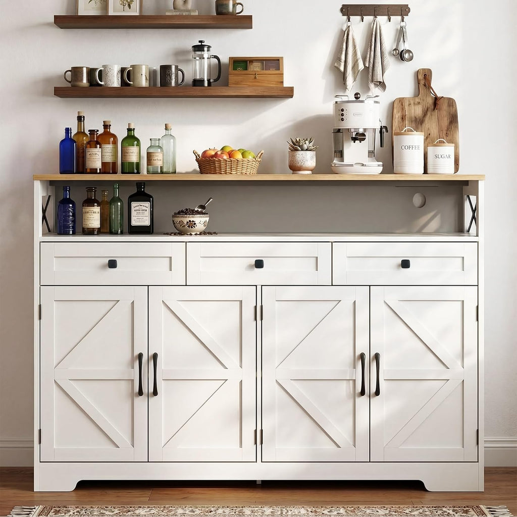 Lahomie Sideboard Buffet Cabinet with Storage, 55" Kitchen Buffet Cabinet with Charging Station, Farmhouse Coffee Bar Station with Drawers and Doors, Credenza for Kitchen Living Room Entryway, White
