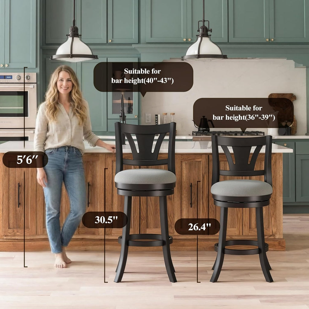 MALOL Swivel Bar Stools Set of 2, 26 Inch Counter Height Barstool with Silent Rotation, High-Density Foam Cushion, Solid Wood Frame, Footrest & Anti-Slip Pads for Kitchen Islands and Home Bars (Grey)