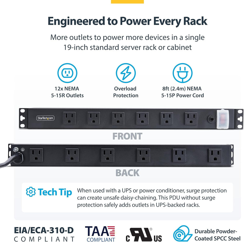 StarTech.com 12-Outlet Rackmount PDU, 1U Server Power Strip, Wide-Spaced Right-Angle Ports, Mounted Power Distribution Unit
