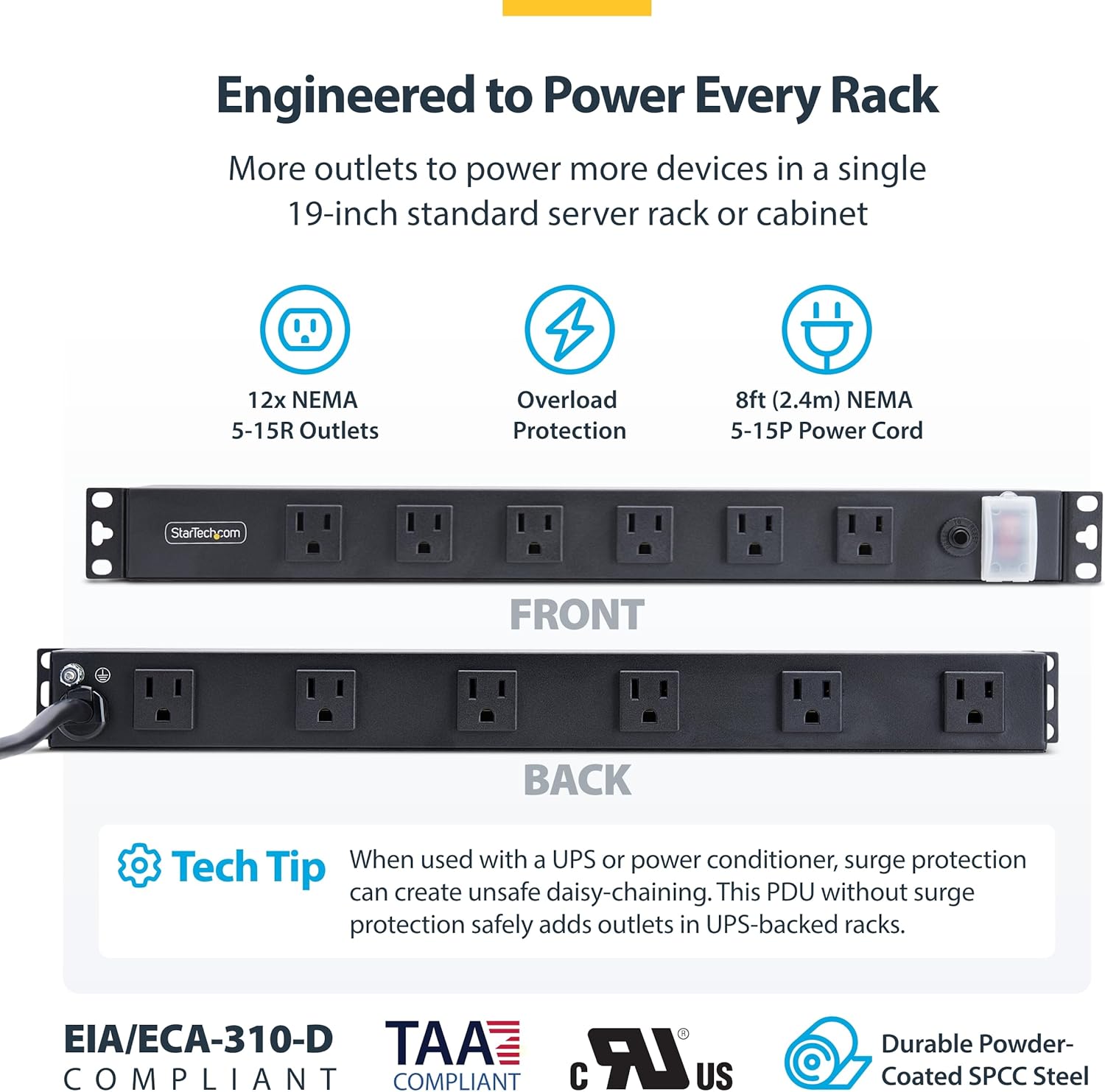 StarTech.com 12-Outlet Rackmount PDU, 1U Server Power Strip, Wide-Spaced Right-Angle Ports, Mounted Power Distribution Unit