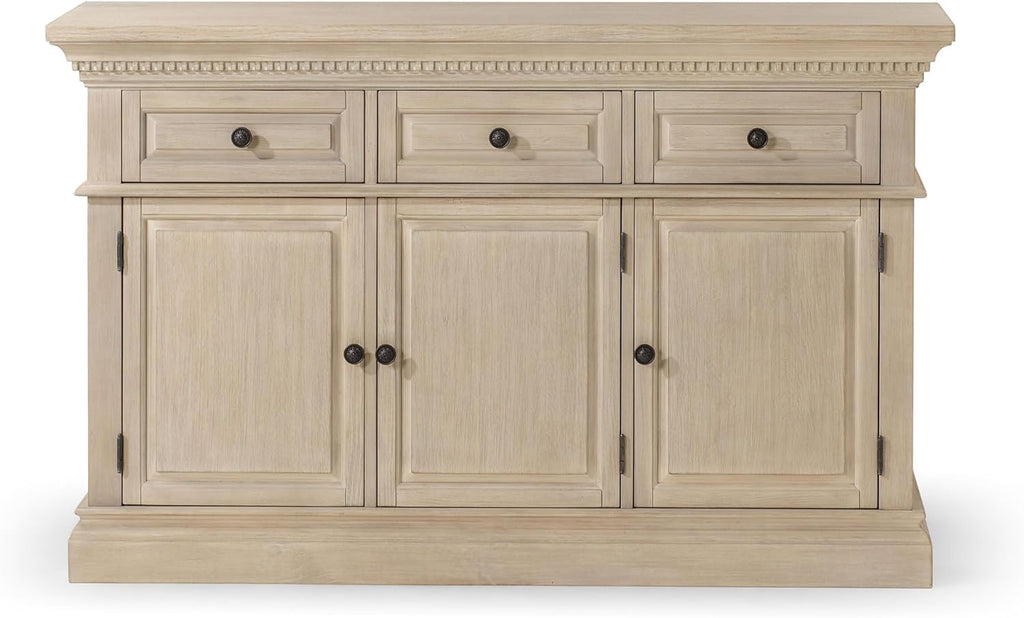 Maven Lane Theo Traditional Large Wooden Sideboard, Accent Buffet Server Table with Doors for Kitchen or Living Room in Antiqued White Finish